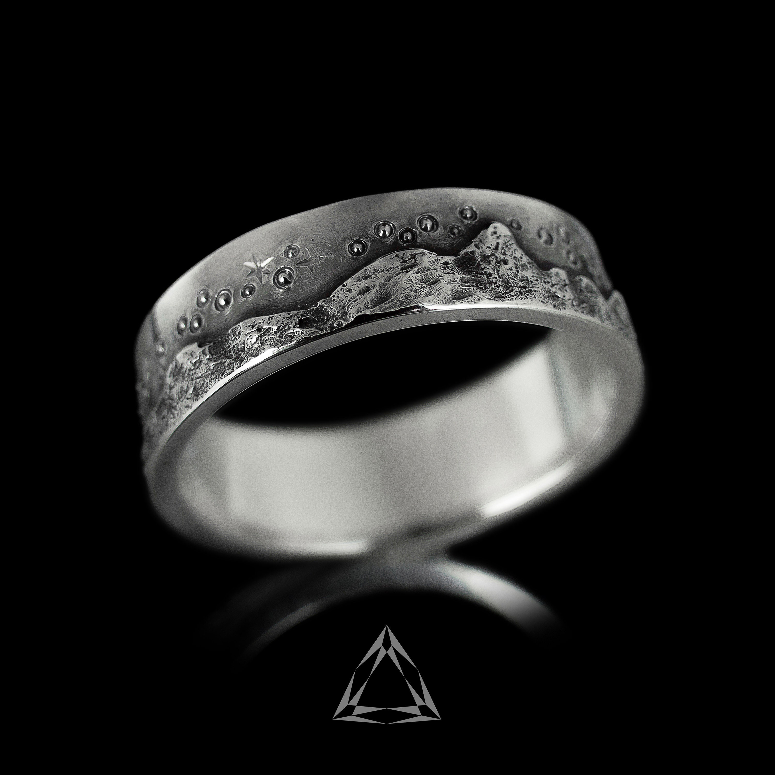 Mountain Ring Men Silver Band Textured Landscape Ring Nature Etsy