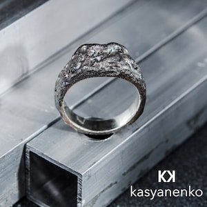 Handmade raw silver ring, Rough modernist ring, Unisex ring, Coarse texture, Contemporary ring, Unique Scratched Oxidized, Geometric Jewelry