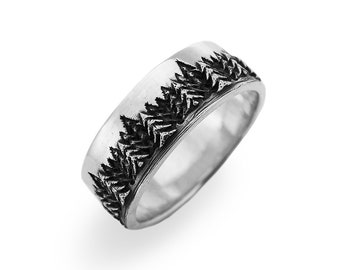 Anillo de plata de ley con diseño de bosque de pinos, alianza natural