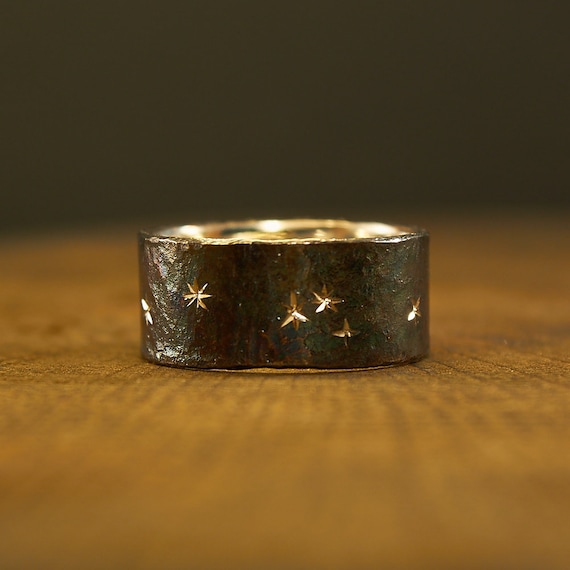 Celestial Mixed Metal Ring Moon and Stars Silver Bronze Ring