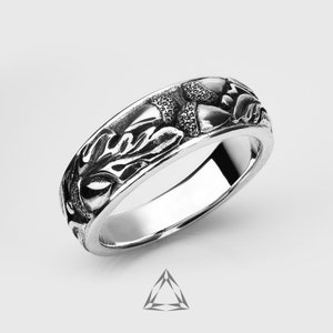 Acorn and oak leaf ring, Silver wedding band, Tree silver ring, Wild nature inspired ring, Unique tree bark band, Symbolic tree ring