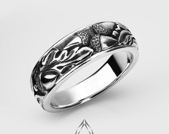 Oak Leaf & Acorn Sterling Silver Ring, Tree Bark Wedding Band