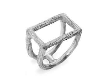 Textured Sterling Silver Open Square Ring, Geometric Statement Jewelry