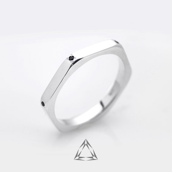 Minimalist Sterling Silver Nut Ring, Cubic Zirconia Inlay, Unisex Geometry