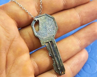 Oxidized sterling silver key pendant, Rustic pendant, Mechanic key jewelry, Heart key pendant, Boyfriend Husband gift, Promise gift for him