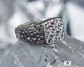 Rustic Sterling Silver Signet Ring, Oxidized Brutalist Jewelry