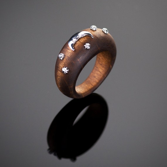 Anillo de madera anillo de luna anillo de estrellas anillo espacial joyeria espacial anillos artesanales anillo elegante madera y plata joyeria de madera anillo de madera Etsy Espana