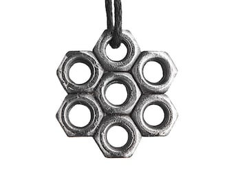 Modernist Sterling Silver Star of David Pendant, Hexagon Screw Nut, Geometric Unisex Jewelry