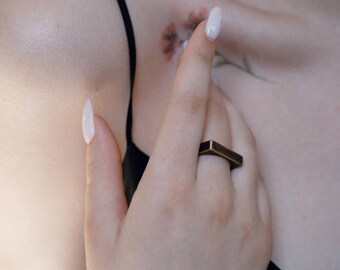 Hammered Brass Square Ring, Unisex Geometric Band