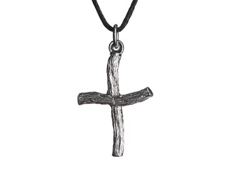 Sterling Silver Tree Bark Cross Pendant, Unisex Nature Jewelry