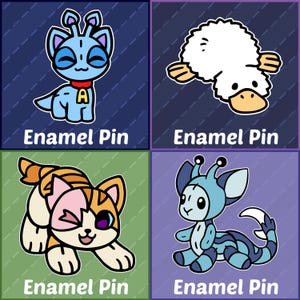 Puede incluir: Conjunto de cuatro pines de esmalte con diseños de animales de dibujos animados. Los pines son azules, blancos, naranjas y rosas. Los pines representan un gato, un pato, un gato y una criatura con cola.