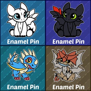 May include: Four enamel pins featuring cartoon dragons in various colors. The pins include a white dragon, a black dragon, a blue dragon, and a brown dragon. Each pin has the words "Enamel Pin" printed below the image.