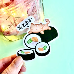 Sushi-Katze | 2 oder 3-Zoll wasserdichter Vinylaufkleber | Süßes Kawaii Asiatisches Essen | Perfekt für Wasserflasche, Laptop, Planer, Journal, Handyhülle