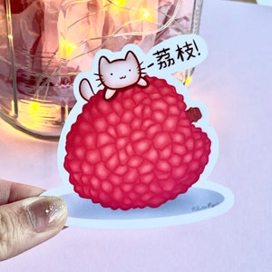 Lychee Katze | 2 oder 3-Zoll-wasserdichter Vinyl-Aufkleber | Süßes Kawaii Asiatisches Essen | Perfekt für Wasserflasche, Laptop, Planer, Journal, Handyhülle