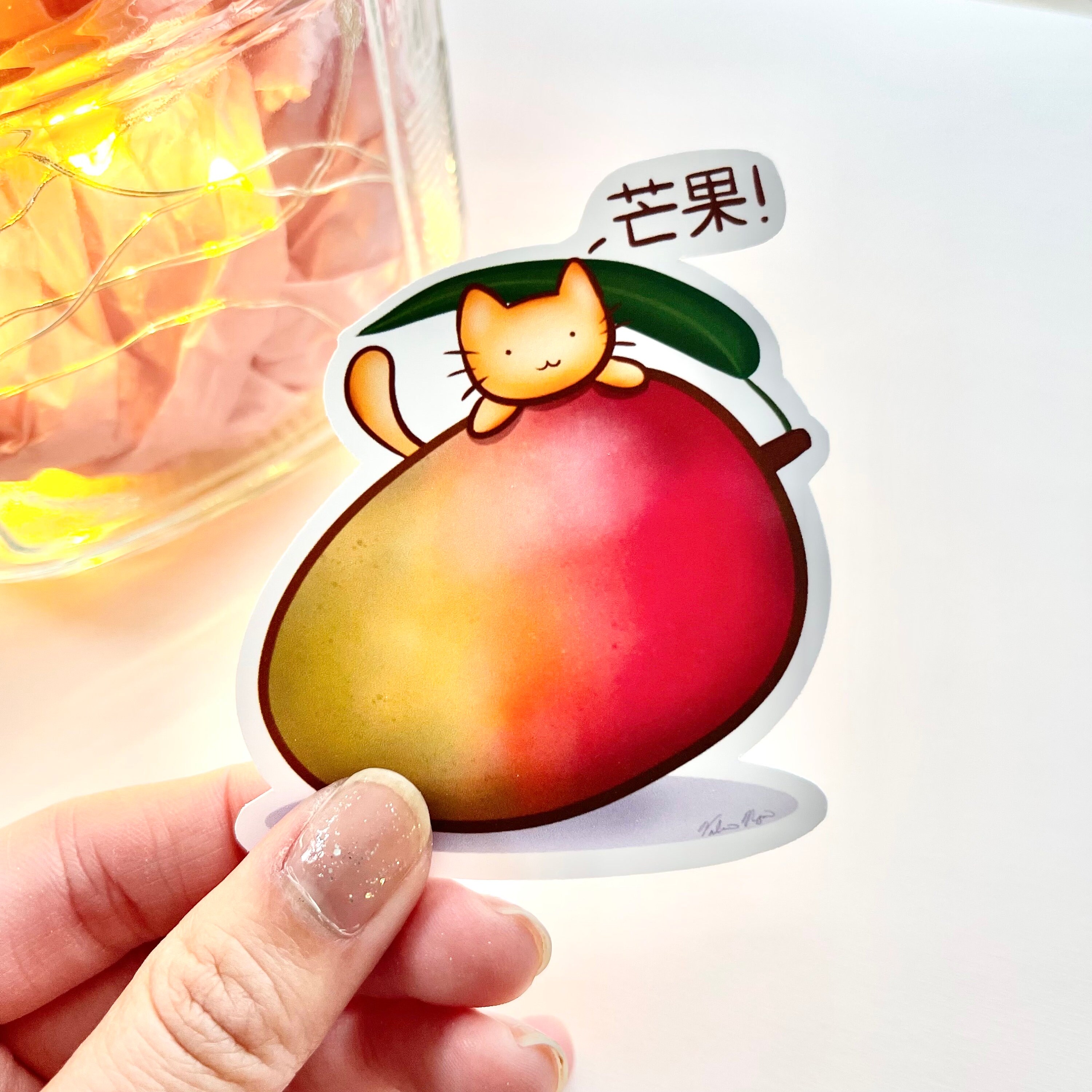 Mango Cat | 2 or 3-Inch Waterproof Vinyl Sticker| Cute Kawaii Asian Food | Perfect for Water Bottle, Laptop, Planner, Journal, Phone Case