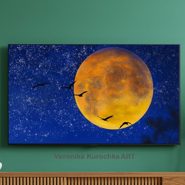 Frame TV Moon, Lunar landscape, Huge yellow moon, Starry Sky, Birds fly, Stars, Digital file for Samsung Frame TV | Digital TV Art | 32