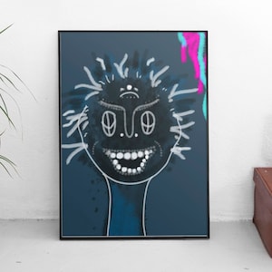 JPG Junge Art von Basquiat auf blau, digitale Kunst, Digitaldruck, Dekoration, druckbare Wand, Poster, abstraktes Porträt