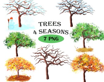 Clipart arbres 4 saisons, 7 fichiers PNG, clipart forêt, Art quatre saisons, verdure, produits à imprimer, plantes à l'intérieur, peinture avec des arbres