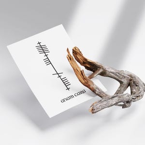 Side angle view of an Anam Cara (Soulmate) Ogham print with black Ogham script and Anam Cara text on a clean white background, displayed beside a decorative branch.