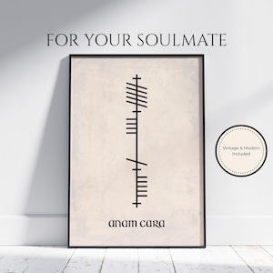 Anam Cara (Soulmate) text below Ogham script that translates to Anam Cara, Irish for Soulmate. Black Ogham lettering and text on an antique-style background, presented in an A4 black frame mock-up.