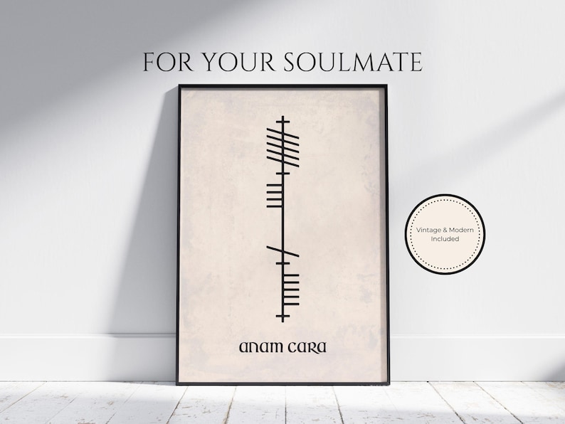 Anam Cara (Soulmate) text below Ogham script that translates to Anam Cara, Irish for Soulmate. Black Ogham lettering and text on an antique-style background, presented in an A4 black frame mock-up.