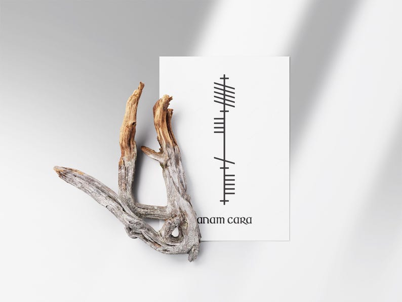 Anam Cara (Soulmate) text below Ogham script that translates to Anam Cara, Irish for Soulmate. Black Ogham lettering and text on a clean white background in a modern minimalist style.