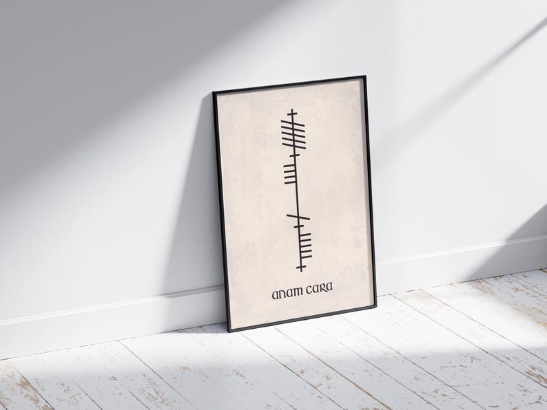 Side view of an A4 black frame displaying Anam Cara (Soulmate) text beneath Ogham script. Black lettering on an antique-style Celtic background.