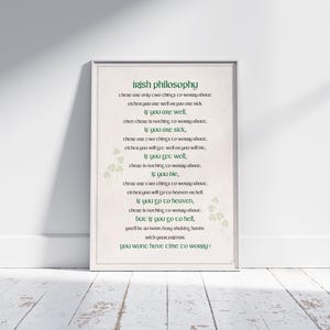 Filosofía irlandesa, sabiduría, humor, ¿por qué preocuparse? Palabras inspiradoras para vivir, raíces irlandesas, trébol de la suerte, regalo imprimible instantáneo para inauguración de la casa.