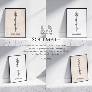Four-image gallery of Anam Cara Ogham wall art showing antique and modern design variations in front and side-view mock-ups, with the meaning of Anam Cara (Irish for Soulmate) displayed in the centre.