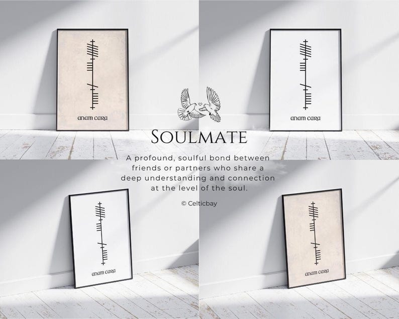 Four-image gallery of Anam Cara Ogham wall art showing antique and modern design variations in front and side-view mock-ups, with the meaning of Anam Cara (Irish for Soulmate) displayed in the centre.