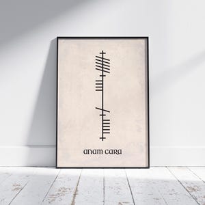Anam Cara (Soulmate) text below Ogham script that translates to Anam Cara, Irish for Soulmate. Black Ogham lettering and text on an antique-style background, presented in an A4 black frame mock-up.