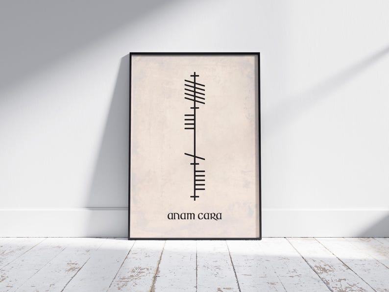 Anam Cara (Soulmate) text below Ogham script that translates to Anam Cara, Irish for Soulmate. Black Ogham lettering and text on an antique-style background, presented in an A4 black frame mock-up.