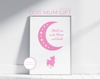 Illustration d'un Yorkshire Terrier, silhouette de lune et d'étoiles, cadeau pour maman de chien (téléchargement numérique)
