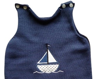 Knitted baby romper, romper, dungarees, sailing ship, fabric appliqué, various sizes and colors,