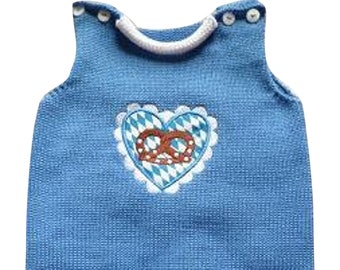 Baby-Strampler, Strampler, Babystrampler, Oktoberfeststrampler, Strickstrampler, Oktoberfest, Breze, Applikation, Stickerei, blau, weiß