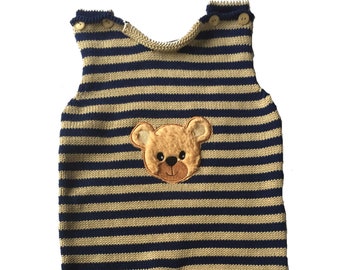 Baby romper, knitted romper, striped romper, romper knitted, stripes, striped, bear applique plush, bear applique