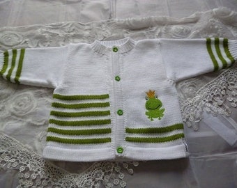 Babyjacke, Kinderjacke, Strickjacke, Wolljacke, Froschkönig, Streifen, Stickerei Foschkönig, weiß, grün, verschiedne Größen