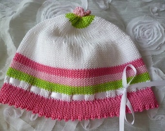 Babymütze, Kindermütze, Mütze, Strickmütze, Sommermütze,  gestreift mit Satinband, Baumwolle, rosa, weiß, grün, pink, verschiedene Größen