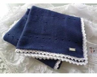 Baby blanket, knitted blanket, wagon blanket, cuddly blanket, knitted blanket, marine, hole pattern, crochet border