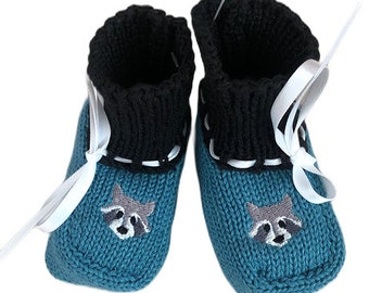 Babyschuhe Waschbär, Babyschuhe, Strickschuhe, Strickstiefelchen, 3 Größen, mit Verpackung