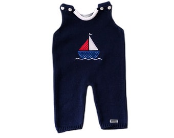 Knitted baby romper, romper, dungarees, sailing ship, fabric appliqué, various sizes and colors,