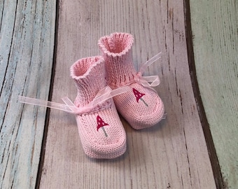 Babyschuhe, Strickschuhe, Strickstiefelchen, Pilze, Stickerei, mit Verpackung