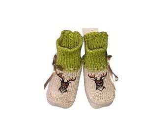 Babyschuhe Hirsch, Babyschuhe, Strickschuhe, Strickstiefelchen, Babystiefelchen, Hirsch, mit Verpackung