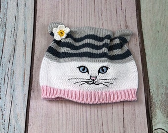 Baby hat, children's hat, knitted hat, hat, cat, kitten, knitted baby hat, pink, gray, white, various sizes