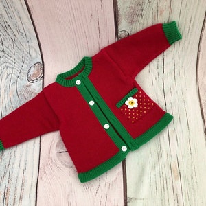 Strawberry jacket, children's jacket, baby jacket, girls' jacket, cardigan, knitted children's jacket, strawberry, strawberry blossom, red, green, various sizes image 1