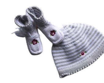 Set "Rose" baby hat and baby shoes, baby hat, baby shoes, rose