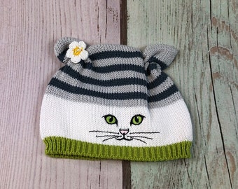 Baby hat, children's hat, knitted hat, hat, cat, kitten, knitted baby hat, apple green, gray, white, various sizes