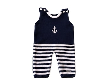 Baby romper, romper, baby romper, knitted romper, romper anchor, anchor, striped, embroidery anchor, blue, various sizes