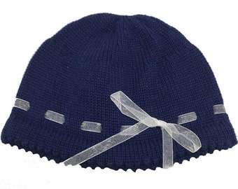 baby cap, children's cap, children's cap, knitted cap, cap, baby cap knitted, blue, navy, chiffon ribbon