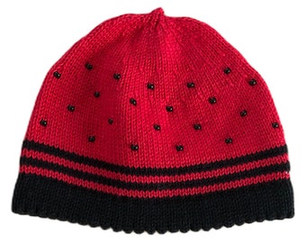Baby hat, beaded hat, beanie, children's hat, knitted hat, pearls, seed beads, black, red, various sizes